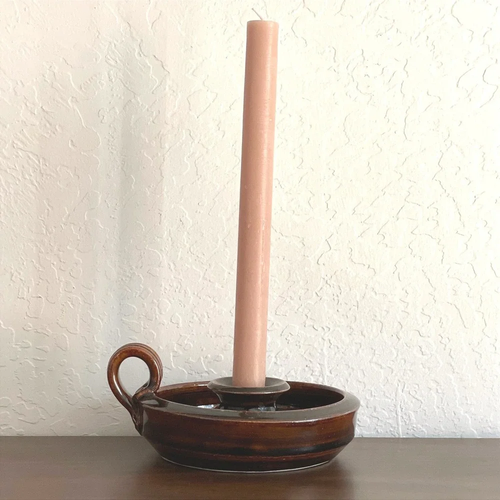 Vintage Handmade‎ Pottery Chamberstick Candle Holder Signed Brown MCM Carolyn
